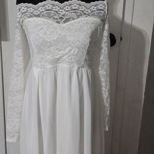 Womens Special Ocasion, Wedding Baby Shower, White Lace  Off-Shoulder Midi Dress